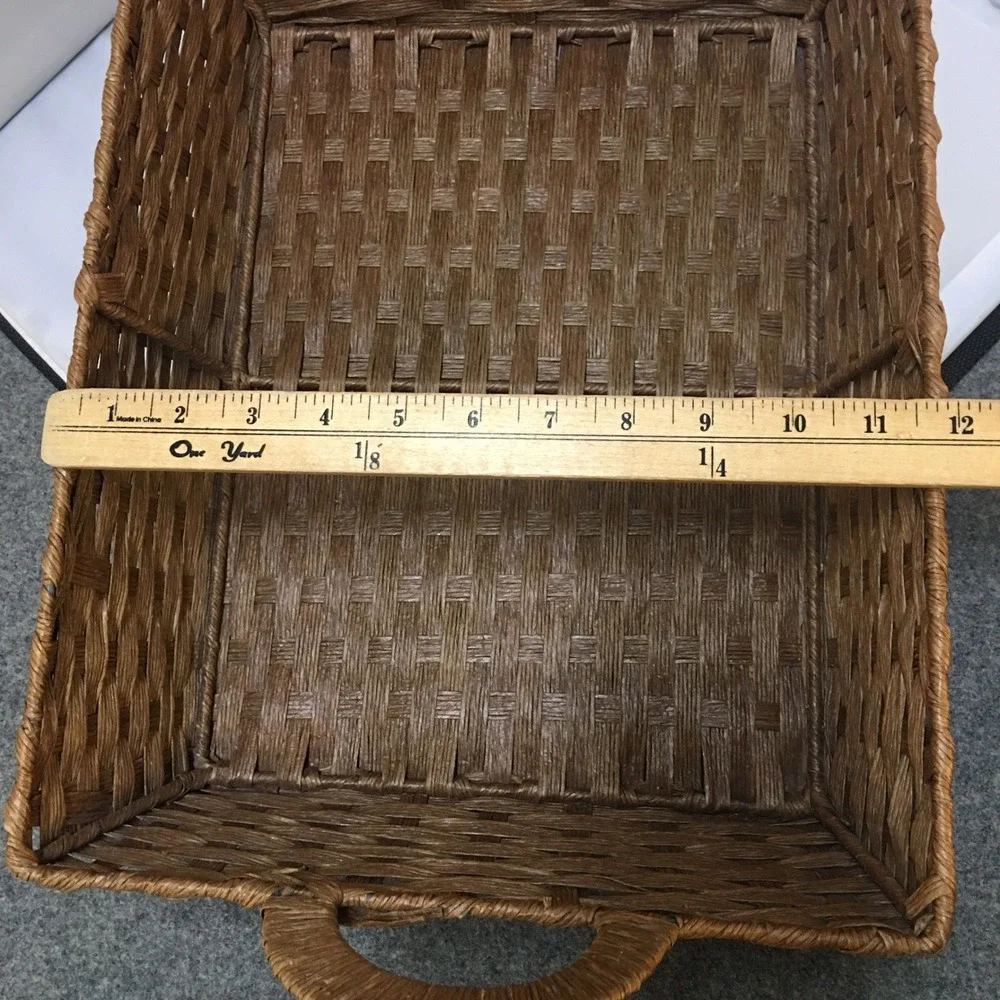 Woven Storage Basket Home OS Brown Rectangular Handle Tray Cottagecore Farmhouse
